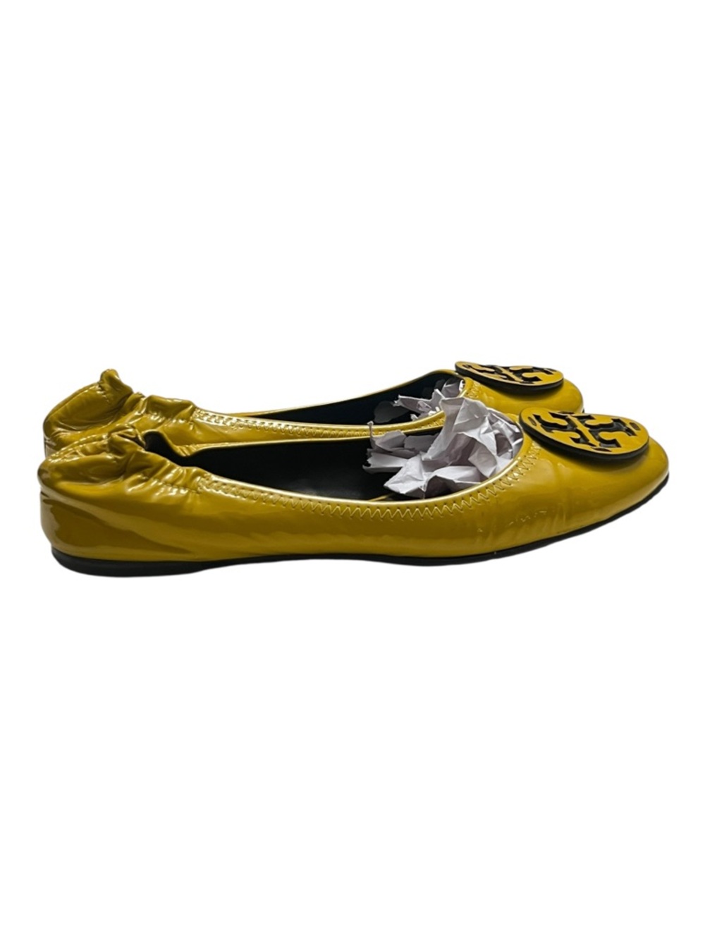 Tory Burch Minnie Travel Ballet Flats Yellow Patent Leather Logo Size 10 - Picture 3 of 6